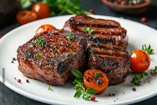 fresh peppered lamb grill steak on a white plate - generative ai