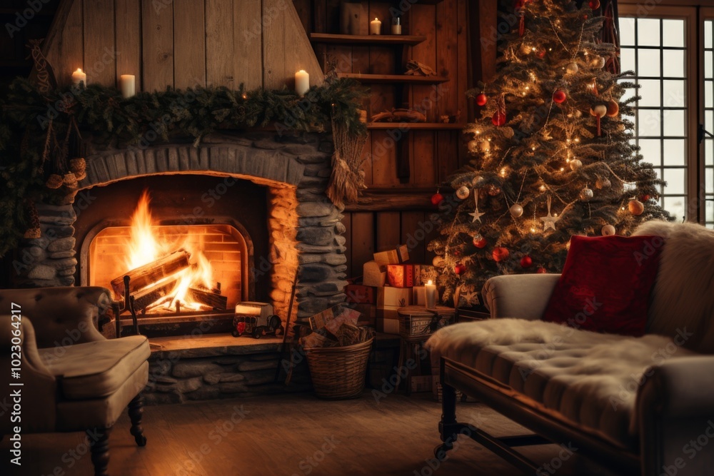 Fototapeta premium Cozy Swedish home interior with Christmas tree