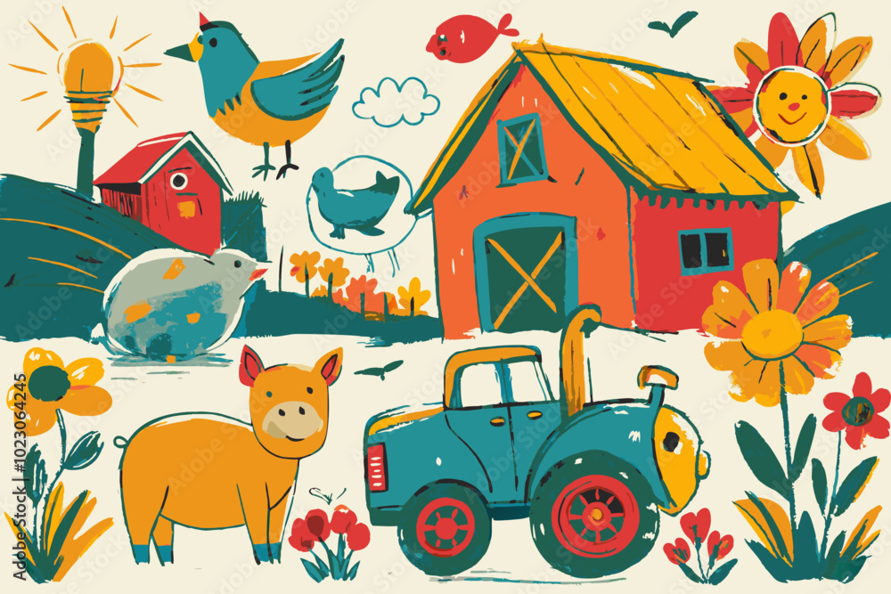 Vibrant Farm Life Illustration with Animals, Tractor, and Sunshine Vibrant Farm Life Illustration with Animals, Tractor, and Sunshine
