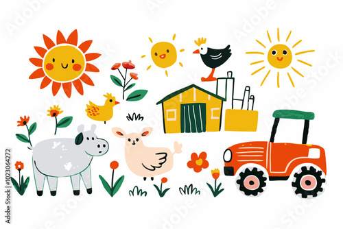 Cheerful Farm Scene with Animals, Tractor, and Sunshine Illustration