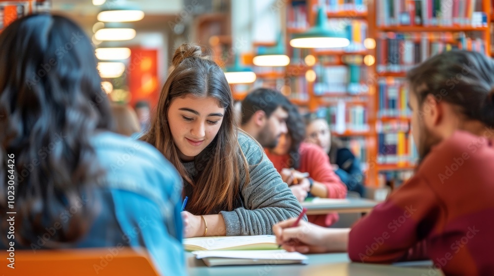 Students Collaborating in a Modern Library Space for Learning and Discussion Students Collaborating in a Modern Library Space for Learning and Discussion