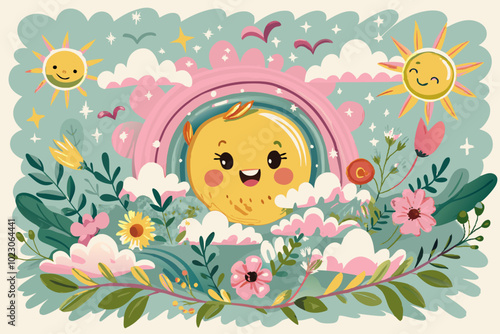 Adorable Cartoon Breakfast Scene With Smiling Egg and Cheerful Sun