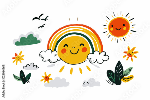 Cheerful Cartoon Sun with Rainbow and Happy Nature Elements