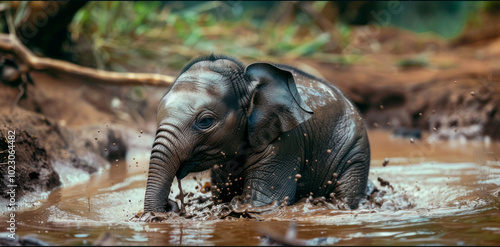 A baby elephant is playing in a muddy river