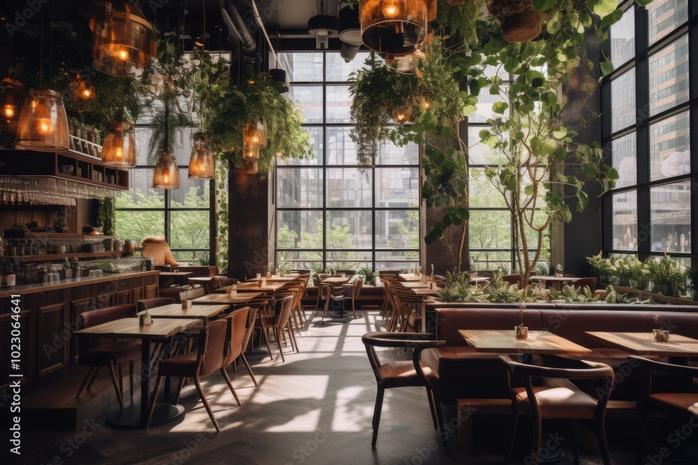 Fototapeta premium Interior of a modern empty cafe in New York during spring