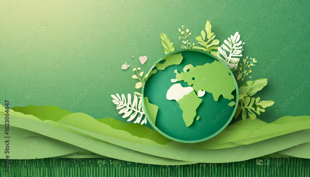 A vibrant green paper cutout globe surrounded by lush foliage symbolizing environmental awareness and sustainability initiatives today A vibrant green paper cutout globe surrounded by lush foliage symbolizing environmental awareness and sustainability initiatives today