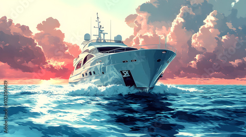 Wallpaper Mural A Luxurious Yacht Floating on the Sea in a Cartoon-Style Illustration. A vibrant and colorful cartoon-style depiction of a luxurious yacht sailing on calm blue waters, surrounded by cheerful clouds an Torontodigital.ca