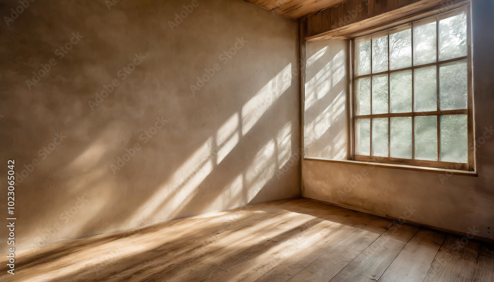 Sunlight streaming through a rustic window in a bare room with wooden floors during the afternoon in a tranquil setting Sunlight streaming through a rustic window in a bare room with wooden floors during the afternoon in a tranquil setting