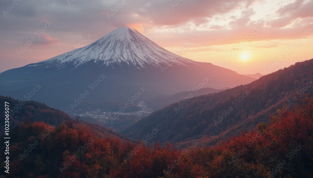 Mount Fuji Sunset With Autumn Forest And Village Mount Fuji Sunset With Autumn Forest And Village