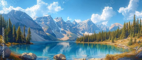 Serene mountain landscape with a tranquil lake and lush greenery under a clear blue sky.