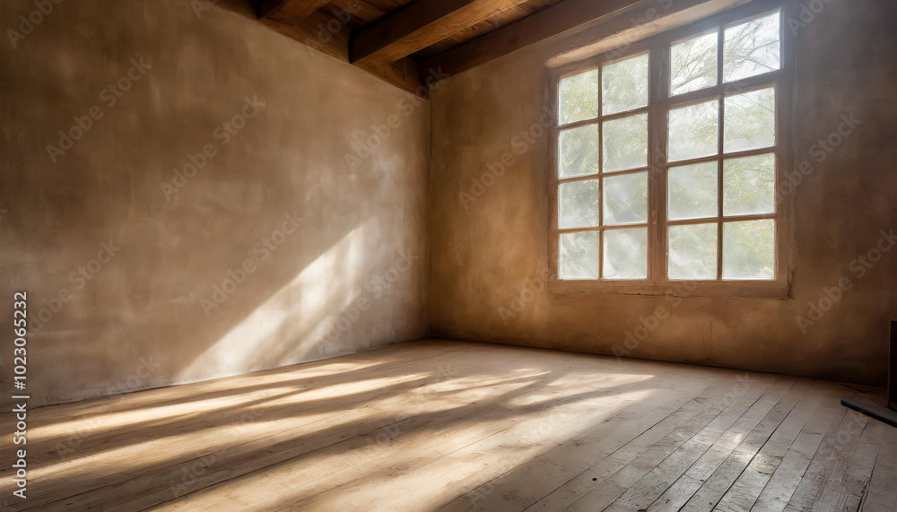 Sunlight streaming through a large window highlights a rustic interior with wooden floors and clay walls during the early afternoon Sunlight streaming through a large window highlights a rustic interior with wooden floors and clay walls during the early afternoon