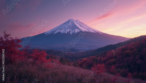 Mount Fujisan View With Autumn Colors And Vibrant Sky