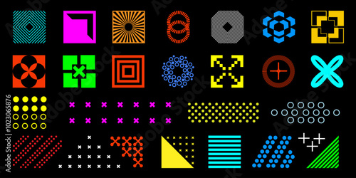 A set of geometric design elements, composed of round, triangular, square, and linear shapes on black background.