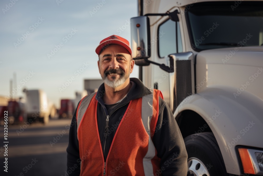 Portrait of a middle aged Hispanic male truck driver Portrait of a middle aged Hispanic male truck driver