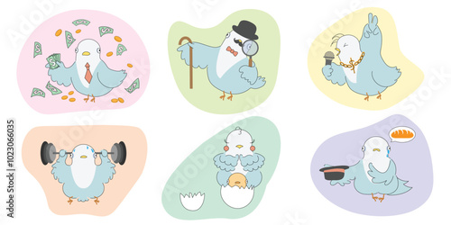 Cartoon pigeons in various poses, actions, and expressions.