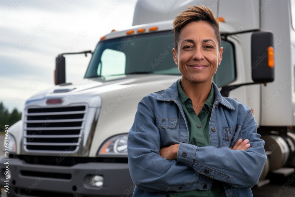 Portrait of a Hispanic middle aged female truck driver Portrait of a Hispanic middle aged female truck driver