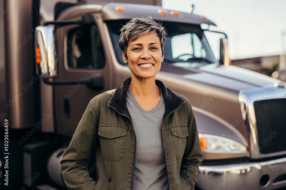 Portrait of a Hispanic middle aged female truck driver Portrait of a Hispanic middle aged female truck driver