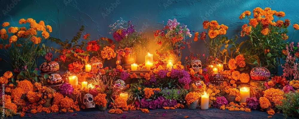 Fototapeta premium Vibrant floral altar filled with marigolds and candles, celebrating life's beauty and memories during a festive occasion.