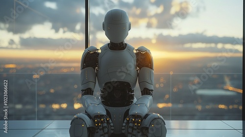 AI robot waiting for a job interview, office building