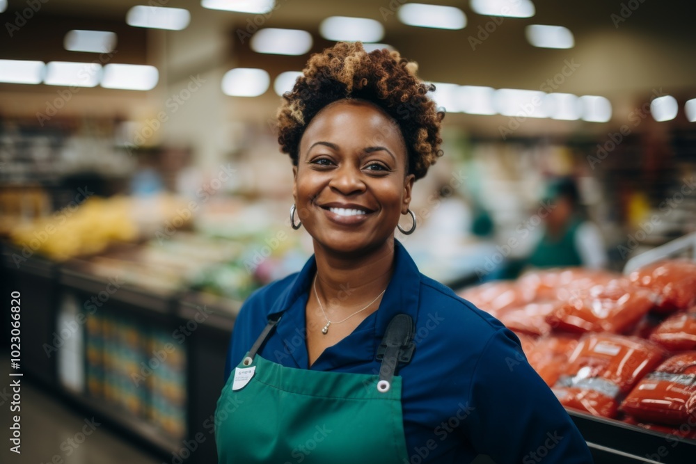 Portrait of a smiling African American female grocery store employee standing in produce aisle Portrait of a smiling African American female grocery store employee standing in produce aisle