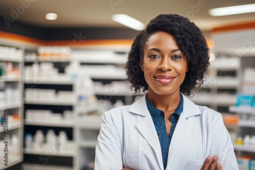 Portrait of a middle aged African American female worker at pharmacy