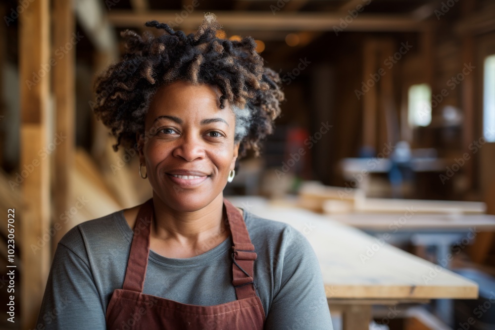 Portrait of a middle aged African American female carpenter in shop Portrait of a middle aged African American female carpenter in shop