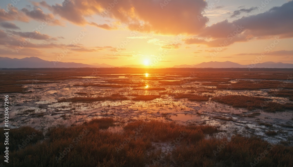 Batanga Wetland Sunset Over Marsh With Mountain Silhouettes Batanga Wetland Sunset Over Marsh With Mountain Silhouettes