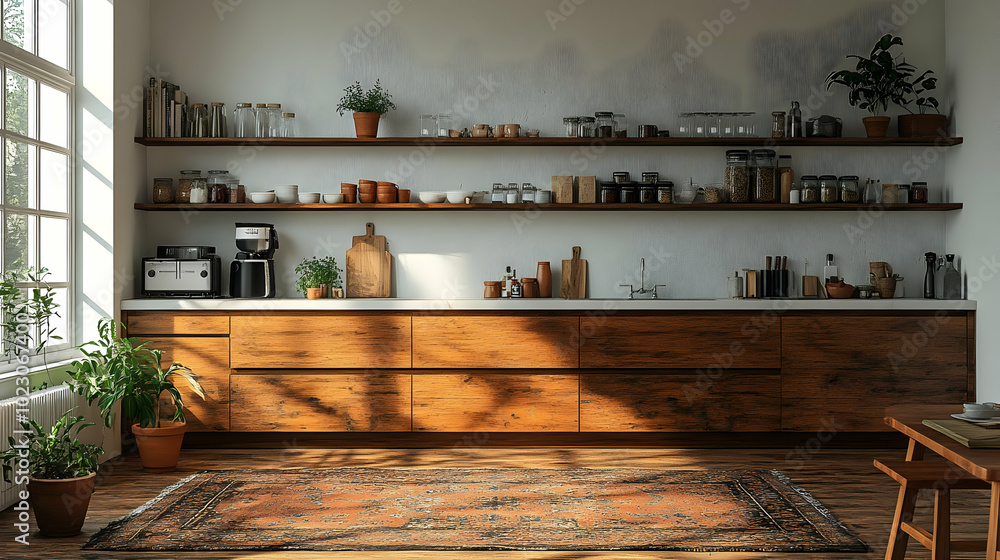 Cozy kitchen with wooden cabinets and plants, showcasing organization. Cozy kitchen with wooden cabinets and plants, showcasing organization.
