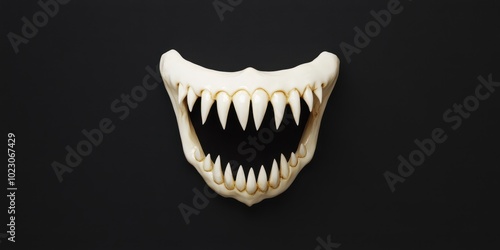 A close-up of a jaw with sharp teeth against a black background, showcasing intricate dental details and unique textures. photo