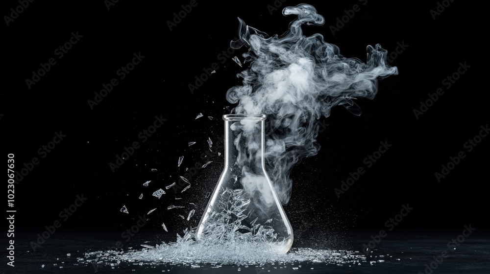 Obraz premium A laboratory beaker is shown shattering with visible smoke or vapor escaping, set against a dark background. The image captures the moment of the beaker breaking in mid-air.