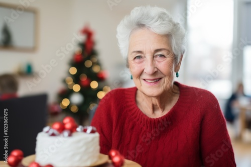 Portrait of a smiling senior woman in nursing home decorated for Christmas