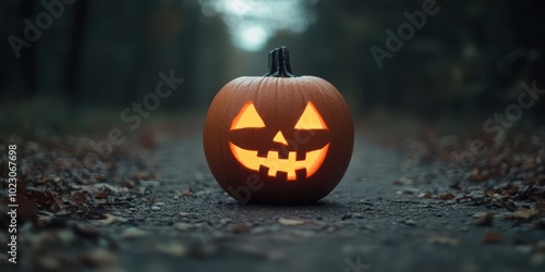 A glowing jack-o'-lantern sits on a foggy path, embodying the spirit of Halloween with its cheerful yet spooky grin.