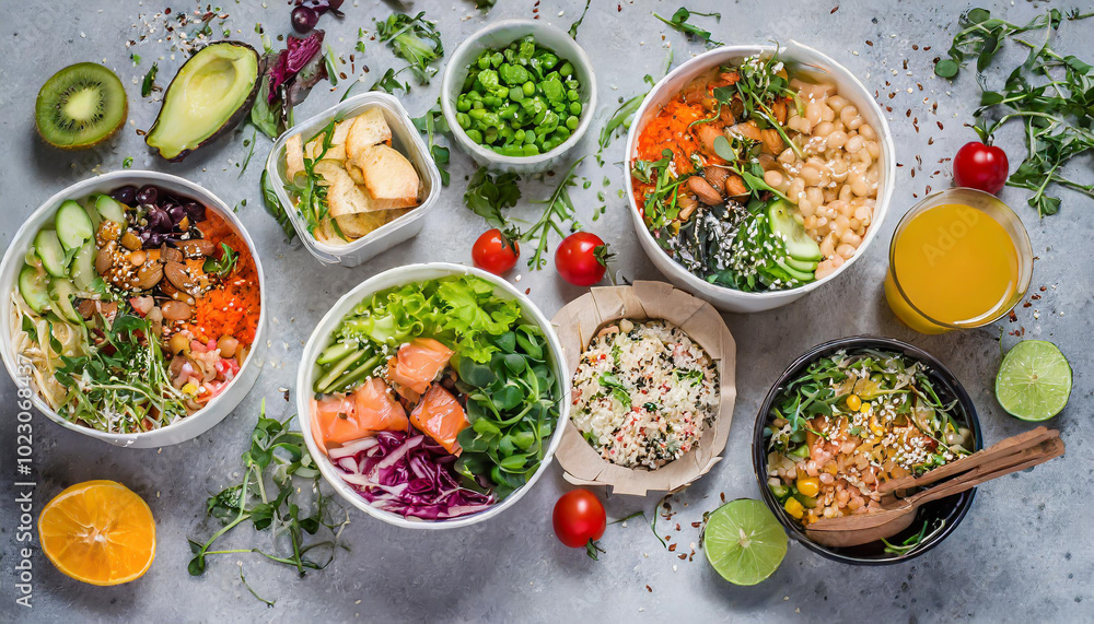 Fresh and vibrant assortment of healthy bowls featuring fruits, vegetables, and grains arranged on a light wooden surface Fresh and vibrant assortment of healthy bowls featuring fruits, vegetables, and grains arranged on a light wooden surface