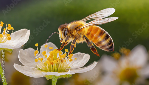 A honey bee collects nectar from a delicate flower in a vibrant garden under natural sunlight during springtime photo