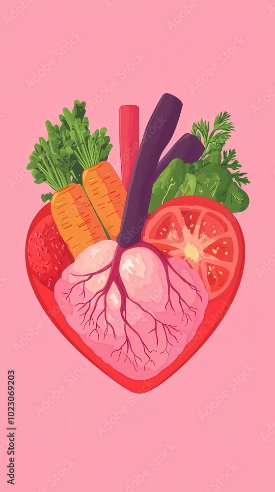 Flat design of a heart with dumbbells and healthy food, normal angle, representing a balanced lifestyle and cardiovascular health. Flat design of a heart with dumbbells and healthy food, normal angle, representing a balanced lifestyle and cardiovascular health.