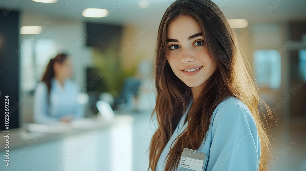 recepcjonistka, medyczne centrum, kobieta, brązowe włosy, uniform, recepcja, stock photo, Canon EOS R3, przysłona f/1.8, profesjonalna fotografia, uśmiech, europejka, pracownica, biuro, pomoc, medycyn recepcjonistka, medyczne centrum, kobieta, brązowe włosy, uniform, recepcja, stock photo, Canon EOS R3, przysłona f/1.8, profesjonalna fotografia, uśmiech, europejka, pracownica, biuro, pomoc, medycyn