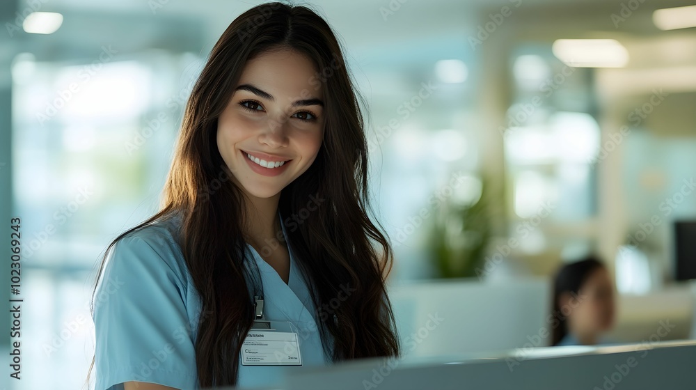 recepcjonistka, medyczne centrum, kobieta, brązowe włosy, uniform, recepcja, stock photo, Canon EOS R3, przysłona f/1.8, profesjonalna fotografia, uśmiech, europejka, pracownica, biuro, pomoc, medycyn recepcjonistka, medyczne centrum, kobieta, brązowe włosy, uniform, recepcja, stock photo, Canon EOS R3, przysłona f/1.8, profesjonalna fotografia, uśmiech, europejka, pracownica, biuro, pomoc, medycyn