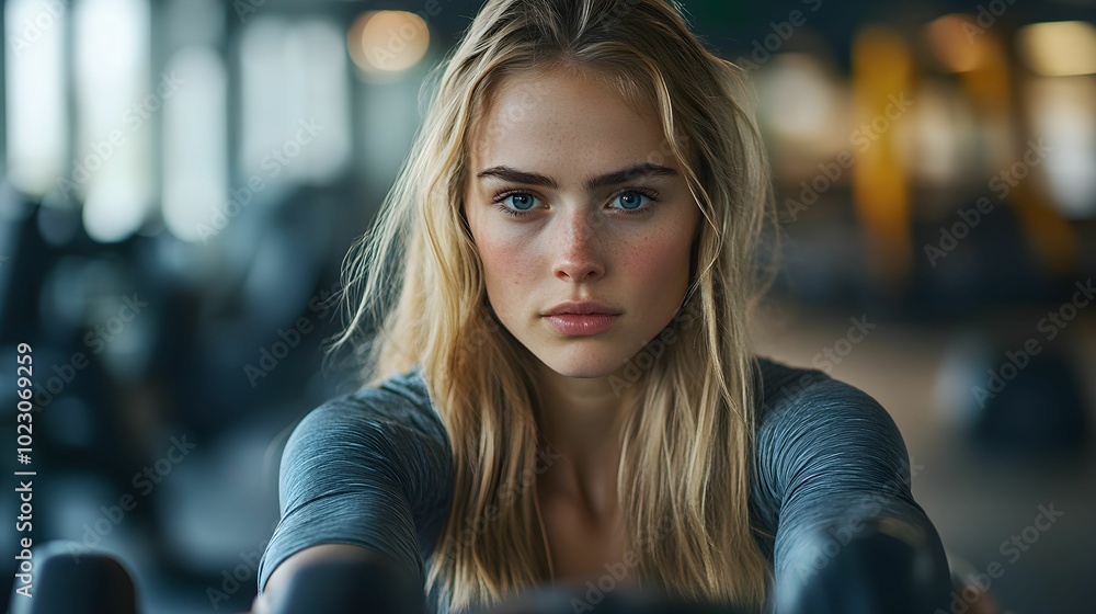 Obraz premium kobieta, trening, siłownia, blondynka, sportowy strój, ćwiczenie, stock photo, Canon EOS R3, przysłona f/2.0, nowoczesna siłownia, aktywność fizyczna, fitness, kobieta w ruchu, trening siłowy, zdrowy,