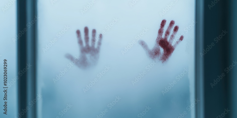 Mysterious scene featuring bloodied hands pressed against a foggy window, evoking suspense and intrigue in a chilling atmosphere. Mysterious scene featuring bloodied hands pressed against a foggy window, evoking suspense and intrigue in a chilling atmosphere.