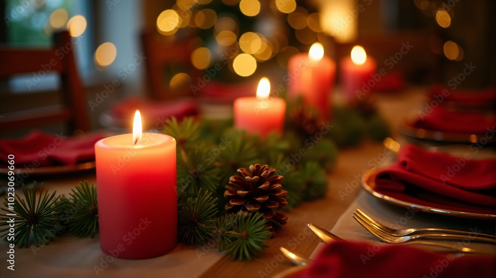 Christmas dinner table setting with candles, pine branches, and red napkins.