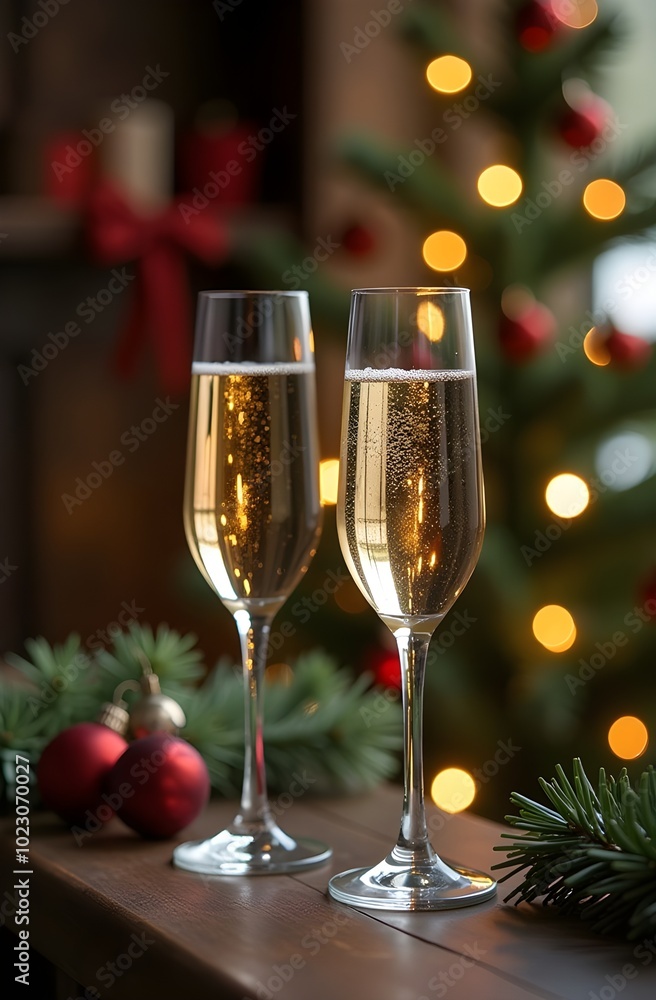 Two glasses of champagne against the background of a Christmas tree. Glasses of sparkling wine on a blurred background with highlights. Two glasses of champagne against the background of a Christmas tree. Glasses of sparkling wine on a blurred background with highlights.