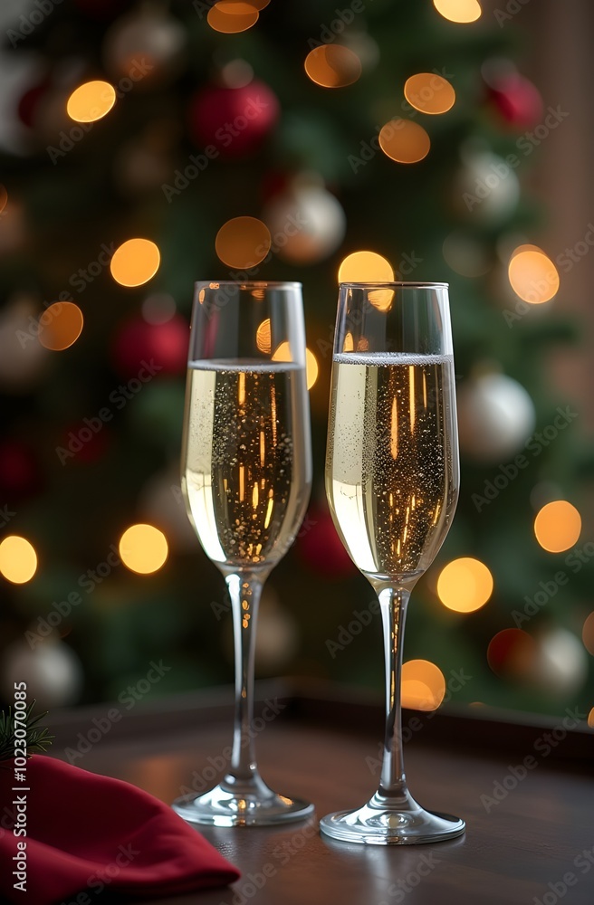 Two glasses of champagne against the background of a Christmas tree. Glasses of sparkling wine on a blurred background with highlights. Two glasses of champagne against the background of a Christmas tree. Glasses of sparkling wine on a blurred background with highlights.
