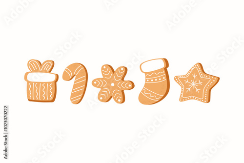 Christmas Gingerbread Cookies. Winter sweet homemade biscuits in different shapes isolated on white background.