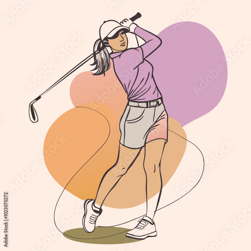 Female Golfer Silhouette with Colorful Blobs – Stylish Vector Illustration for Sports Designs