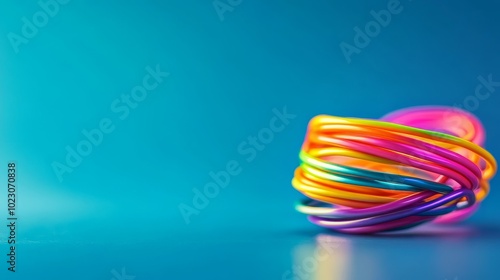 A colorful slinky coiled on a blue background, representing playfulness, creativity, energy, connection, and endless possibilities.