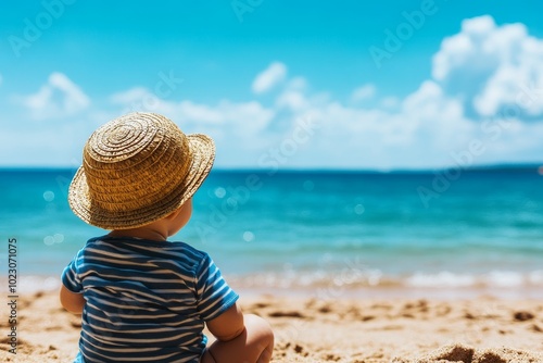 A cute baby in a straw hat sits on the beach, gazing at the ocean, enjoying the summer sunshine and the warmth of the sand.