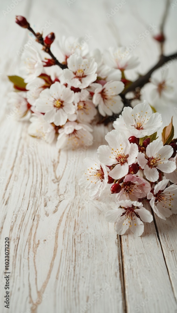 Close-up of cherry blossoms against beige wooden background Close-up of cherry blossoms against beige wooden background