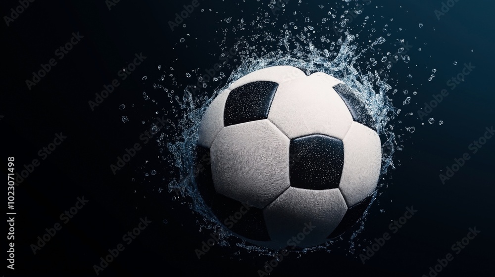 Naklejka premium Close-up of a soccer ball with water splashing around it on a dark background, capturing motion and dynamic energy in sports photography.
