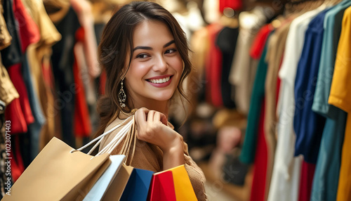 Wallpaper Mural A cheerful woman enjoys shopping in a clothing store, holding several colorful bags. Her bright smile reflects happiness and delight in a bustling retail environment. Torontodigital.ca