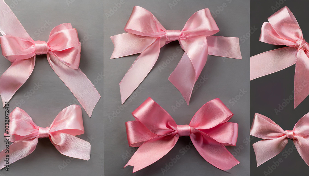Elegant pink satin bows arranged artistically on a grey background, showcasing various sizes and styles for decoration purposes Elegant pink satin bows arranged artistically on a grey background, showcasing various sizes and styles for decoration purposes